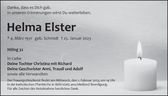 Traueranzeige von Helma Elster von Pegnitz-Zeitung