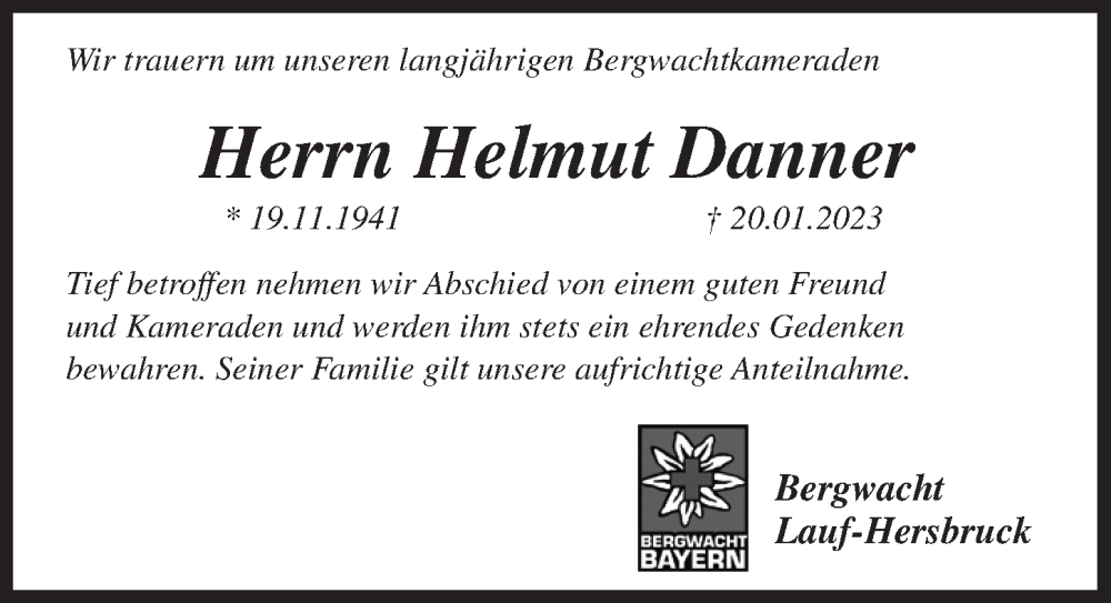  Traueranzeige für Helmut Danner vom 26.01.2023 aus Pegnitz-Zeitung