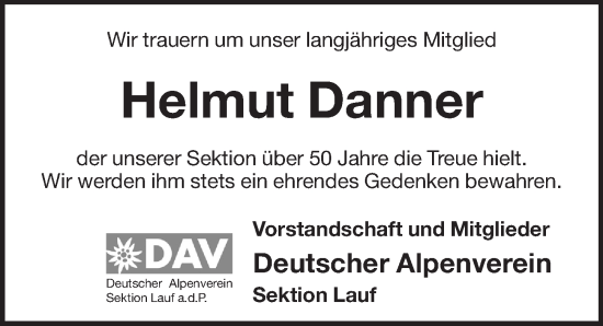 Traueranzeige von Helmut Danner von Pegnitz-Zeitung