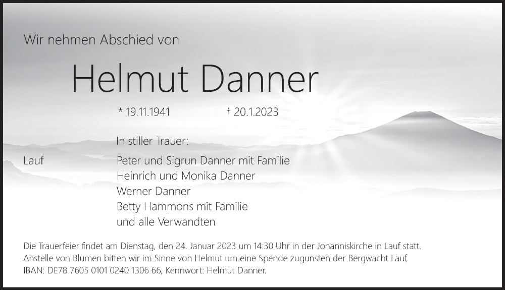  Traueranzeige für Helmut Danner vom 21.01.2023 aus Pegnitz-Zeitung