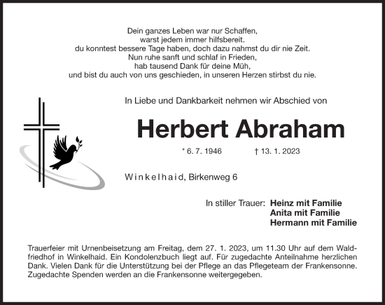 Traueranzeige von Herbert Abraham von Der Bote