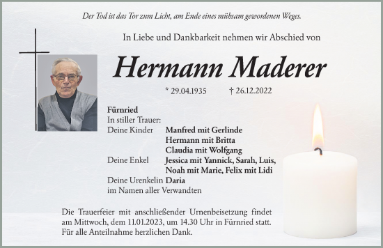 Traueranzeige von Hermann Maderer von Hersbrucker Zeitung Lokal