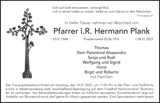 Traueranzeige von Hermann Plank von Pegnitz-Zeitung