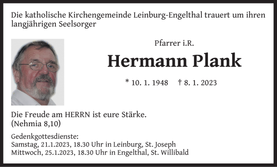 Traueranzeige von Hermann Plank von Der Bote