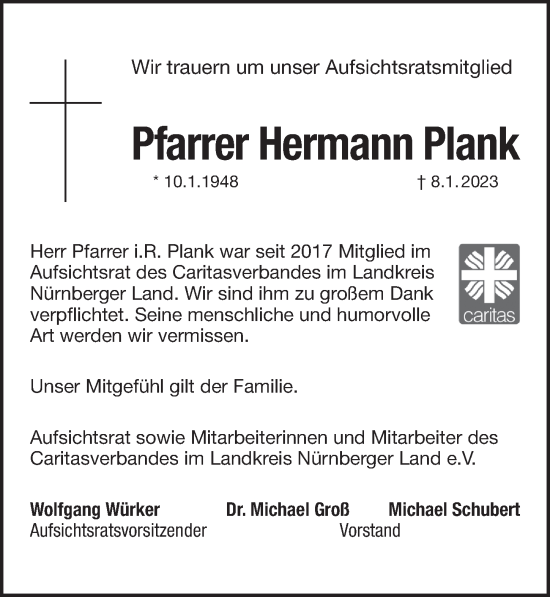Traueranzeige von Hermann Plank von Der Bote