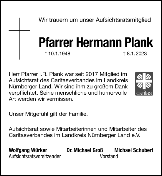 Traueranzeige von Hermann Plank von Hersbrucker Zeitung Lokal