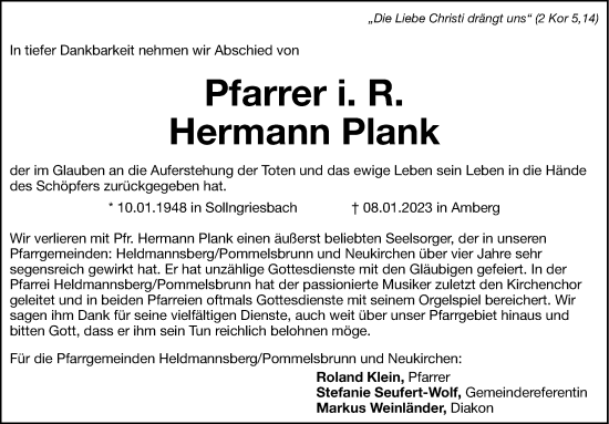 Traueranzeige von Hermann Plank von Hersbrucker Zeitung Lokal