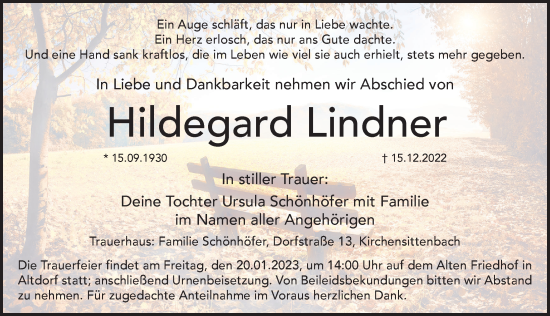 Traueranzeige von Hildegard Lindner von Der Bote