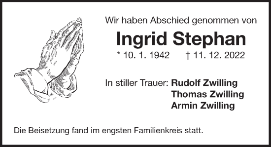 Traueranzeige von Ingrid Stephan von Der Bote