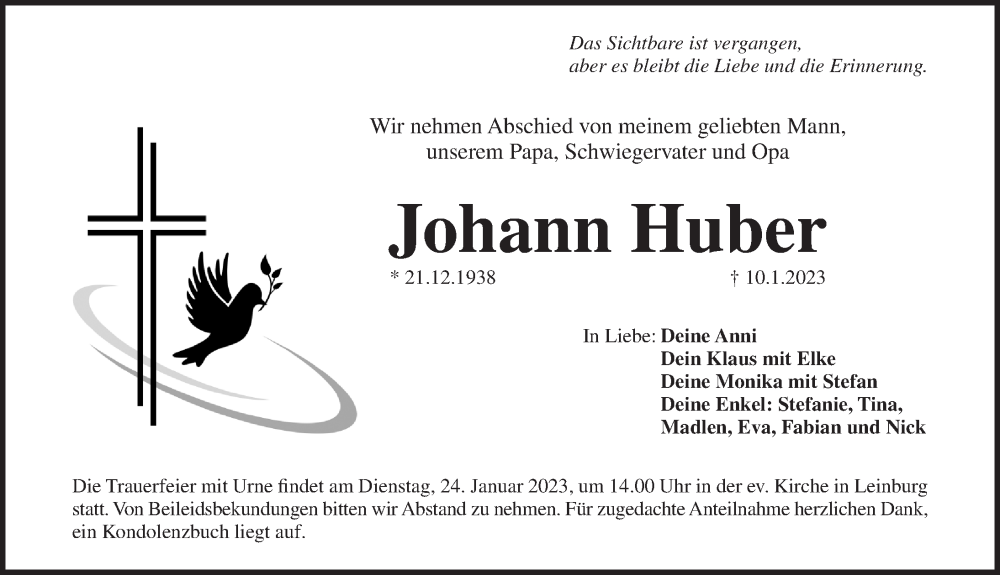  Traueranzeige für Johann Huber vom 21.01.2023 aus Pegnitz-Zeitung