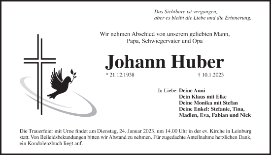 Traueranzeige von Johann Huber von Der Bote