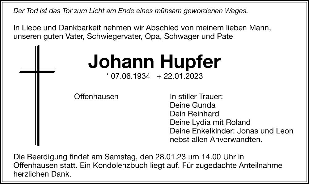  Traueranzeige für Johann Hupfer vom 26.01.2023 aus Hersbrucker Zeitung Lokal