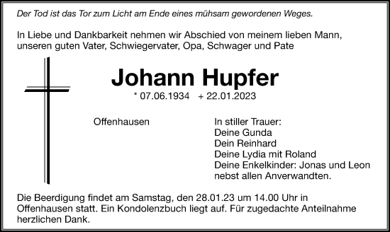 Traueranzeige von Johann Hupfer von Hersbrucker Zeitung Lokal