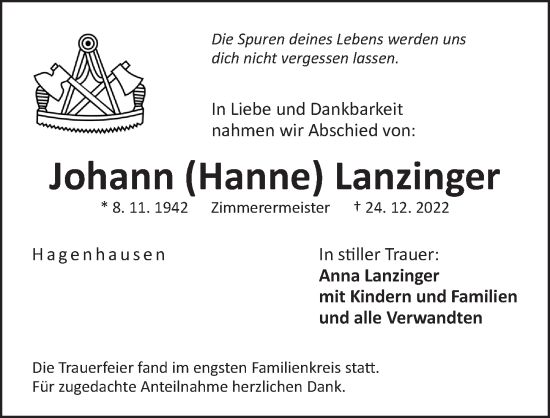 Traueranzeige von Johann Lanzinger von Der Bote