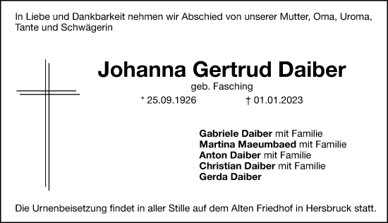Traueranzeige von Johanna Gertrud Daiber von Hersbrucker Zeitung Lokal