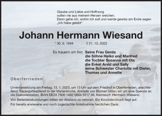Traueranzeige von Johann Hermann Wiesand von Der Bote