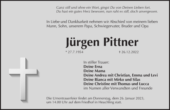 Traueranzeige von Jürgen Pittner von Pegnitz-Zeitung