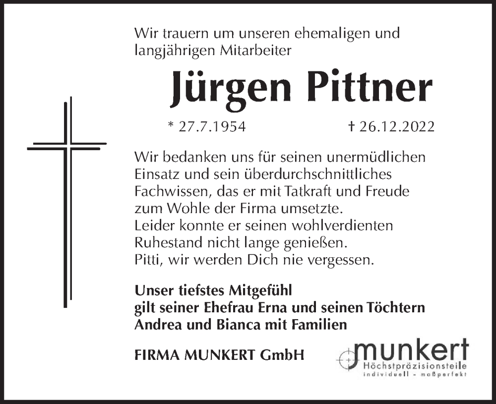  Traueranzeige für Jürgen Pittner vom 24.01.2023 aus Pegnitz-Zeitung