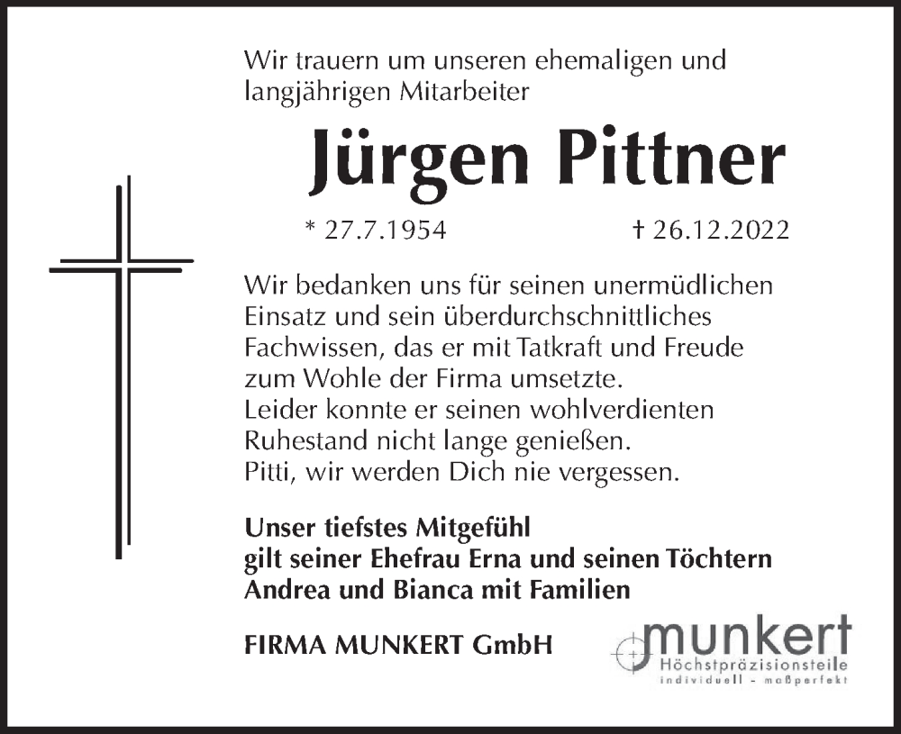  Traueranzeige für Jürgen Pittner vom 24.01.2023 aus Der Bote