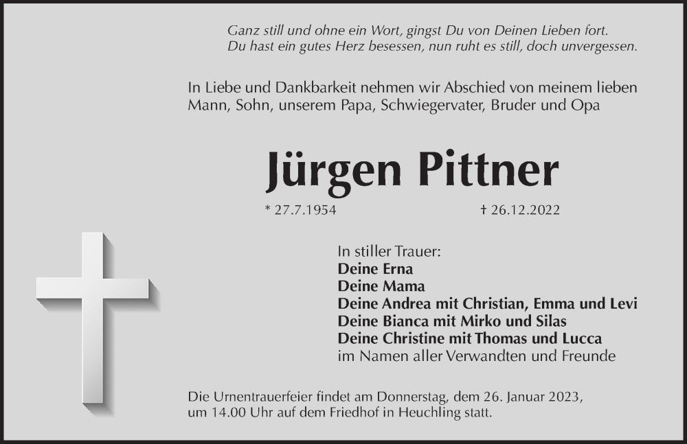  Traueranzeige für Jürgen Pittner vom 21.01.2023 aus Pegnitz-Zeitung