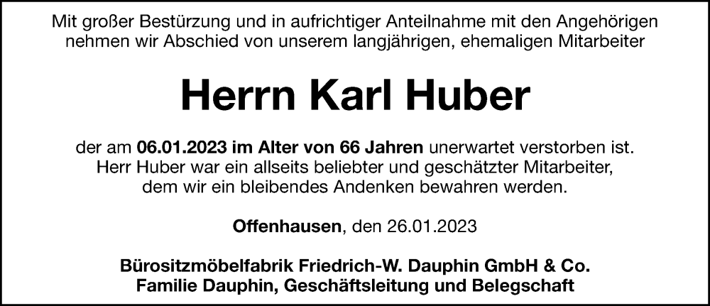  Traueranzeige für Karl Huber vom 26.01.2023 aus Hersbrucker Zeitung Lokal