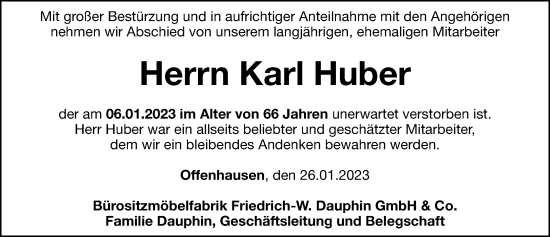 Traueranzeige von Karl Huber von Hersbrucker Zeitung Lokal