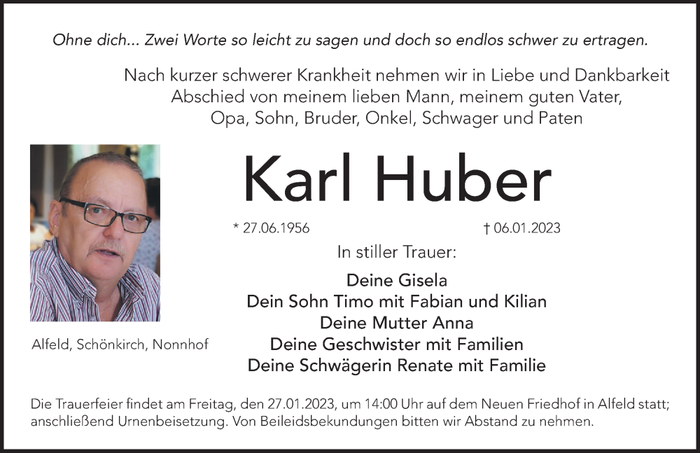  Traueranzeige für Karl Huber vom 24.01.2023 aus Hersbrucker Zeitung Lokal