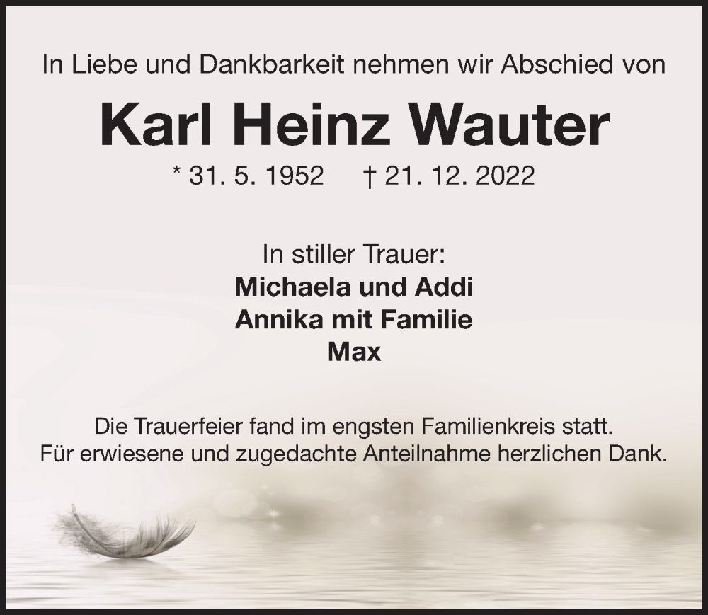  Traueranzeige für Karl Heinz Wauter vom 14.01.2023 aus Der Bote