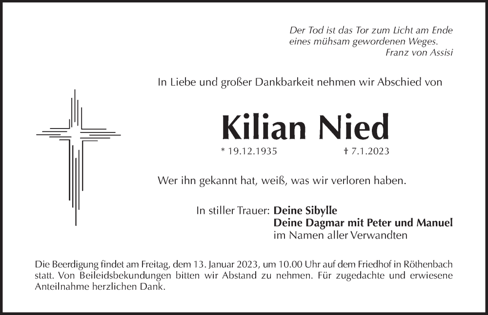  Traueranzeige für Kilian Nied vom 11.01.2023 aus Pegnitz-Zeitung