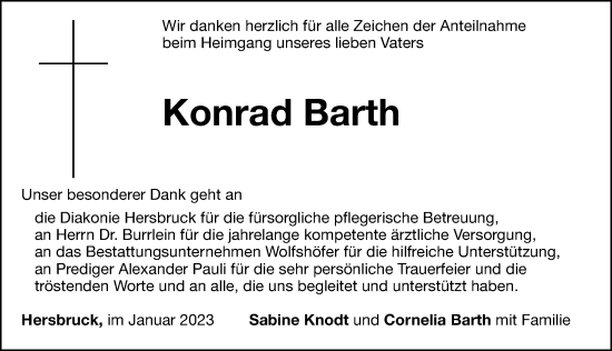 Traueranzeige von Konrad Barth von Hersbrucker Zeitung Lokal