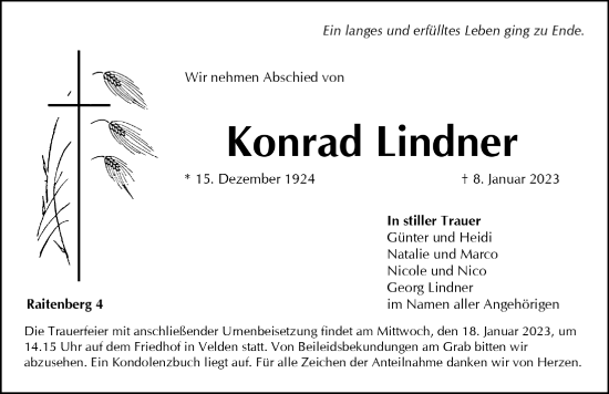 Traueranzeige von Konrad Lindner von Hersbrucker Zeitung Lokal