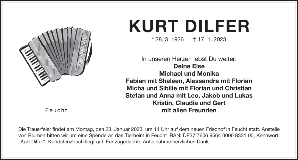  Traueranzeige für Kurt Dilfer vom 21.01.2023 aus Der Bote