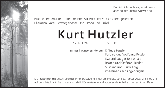Traueranzeige von Kurt Hutzler von Pegnitz-Zeitung