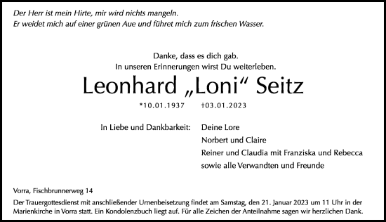 Traueranzeige von Leonhard Seitz von Hersbrucker Zeitung Lokal