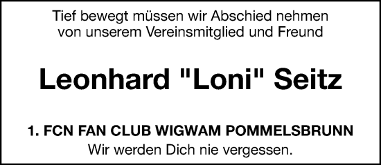 Traueranzeige von Leonhard Seitz von Hersbrucker Zeitung Lokal
