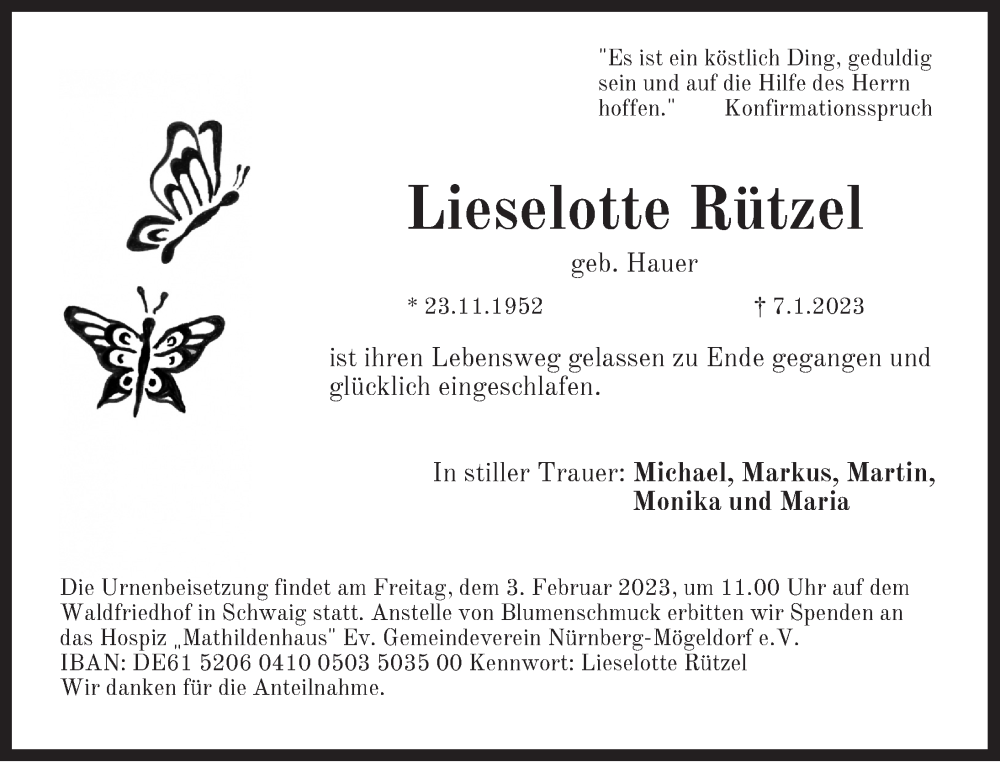  Traueranzeige für Lieselotte Rützel vom 21.01.2023 aus Pegnitz-Zeitung