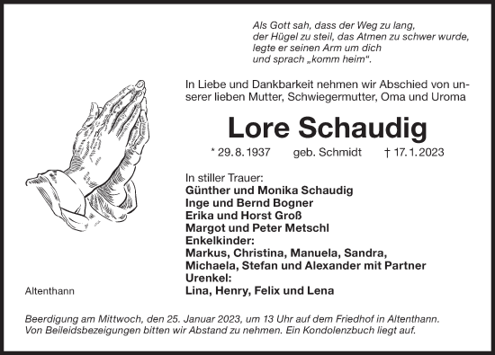 Traueranzeige von Lore Schaudig von Der Bote