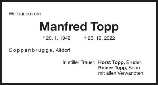 Traueranzeige von Manfred Topp von Der Bote