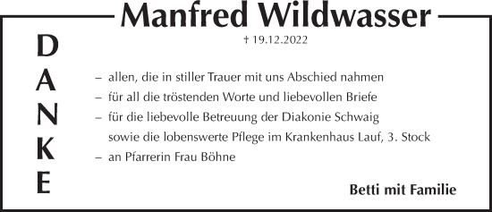 Traueranzeige von Manfred Wildwasser von Pegnitz-Zeitung