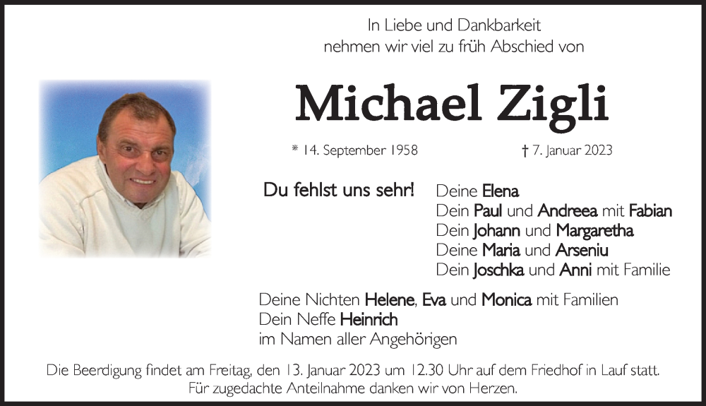  Traueranzeige für Michael Zigli vom 11.01.2023 aus Pegnitz-Zeitung