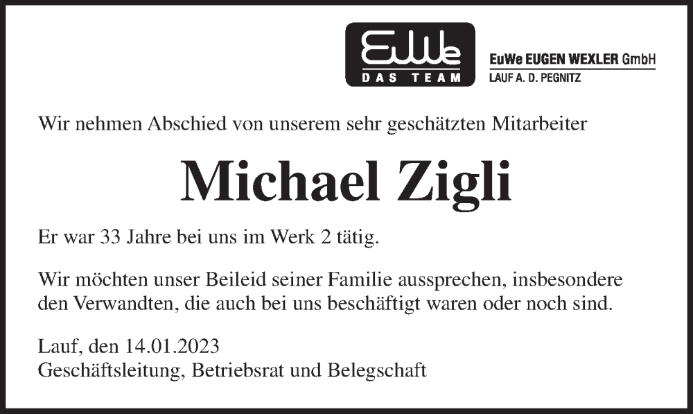  Traueranzeige für Michael Zigli vom 14.01.2023 aus Pegnitz-Zeitung