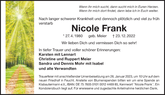 Traueranzeige von Nicole Frank von Der Bote