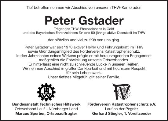 Traueranzeige von Peter Gstader von Pegnitz-Zeitung