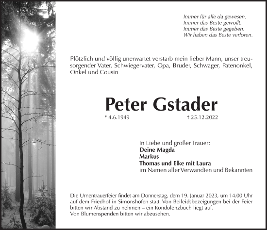 Traueranzeige von Peter Gstader von Pegnitz-Zeitung