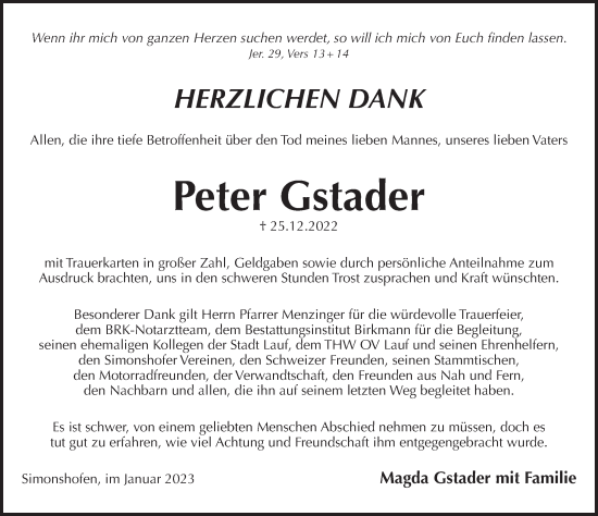 Traueranzeige von Peter Gstader von Pegnitz-Zeitung