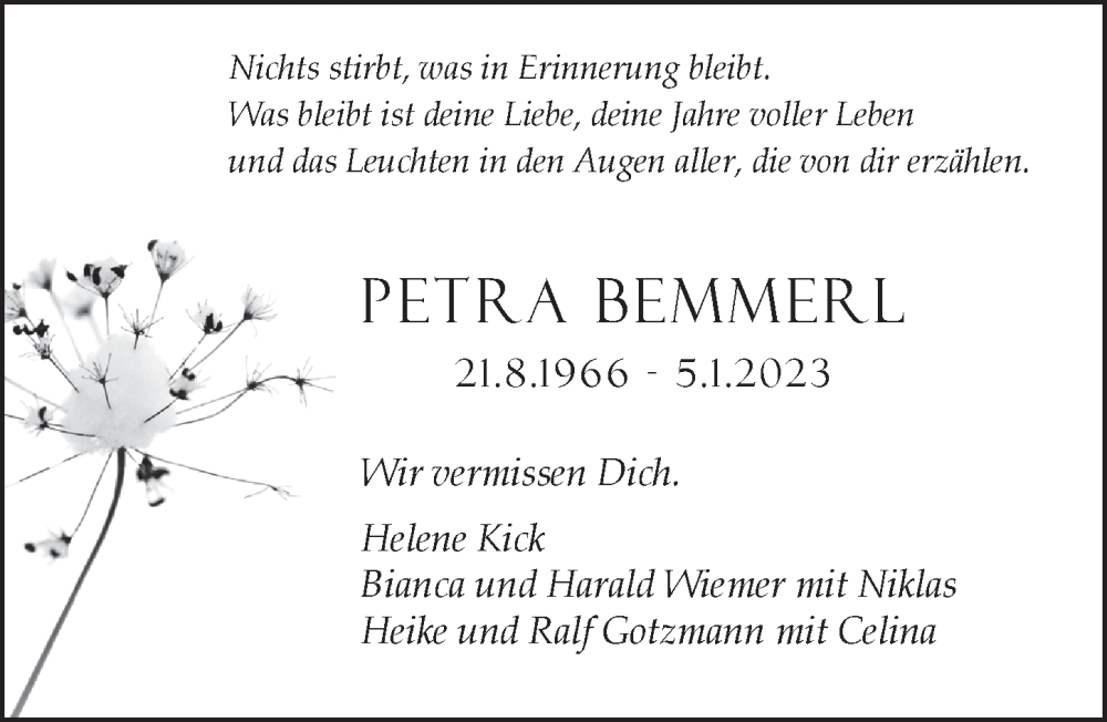  Traueranzeige für Petra Bemmerl vom 28.01.2023 aus Pegnitz-Zeitung