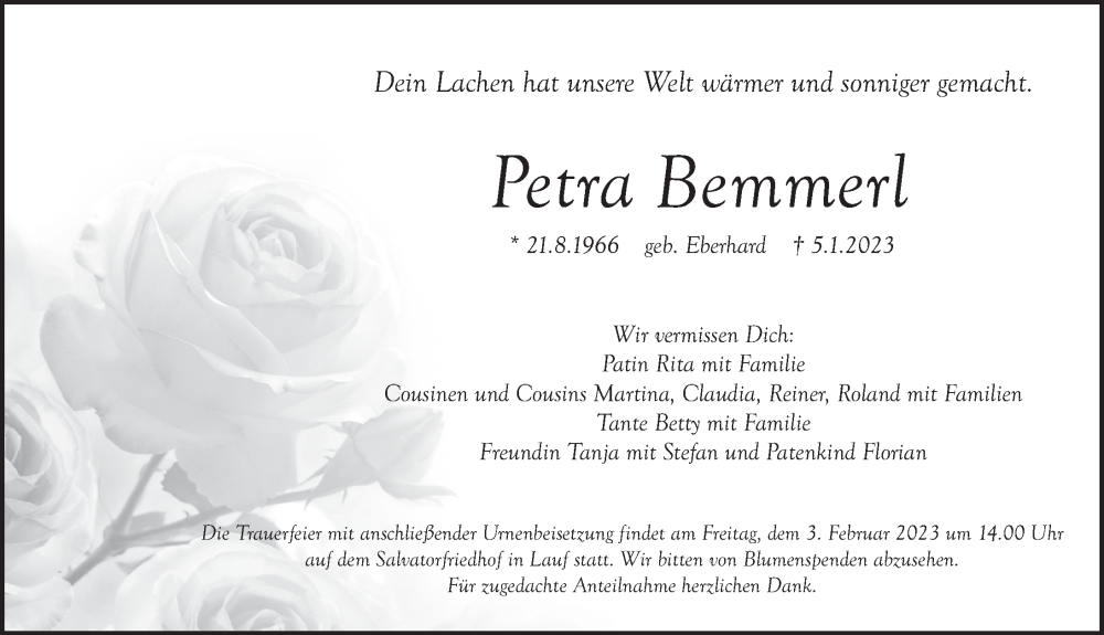  Traueranzeige für Petra Bemmerl vom 28.01.2023 aus Pegnitz-Zeitung