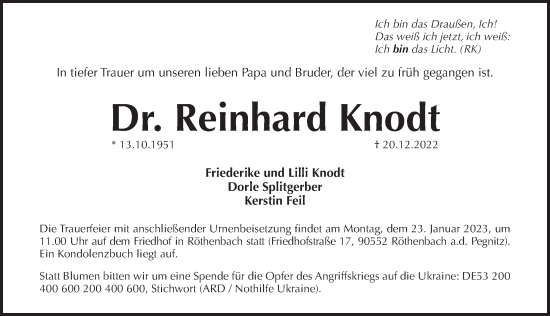 Traueranzeige von Reinhard Knodt von Pegnitz-Zeitung