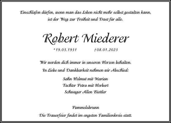 Traueranzeige von Robert Miederer von Hersbrucker Zeitung Lokal