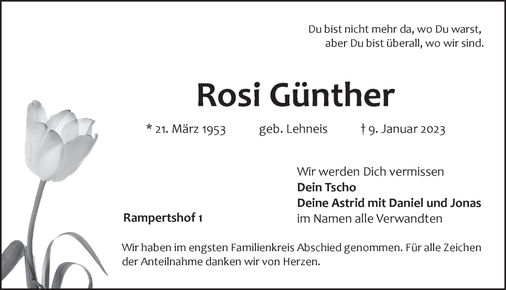  Traueranzeige für Rosi Günther vom 28.01.2023 aus Pegnitz-Zeitung